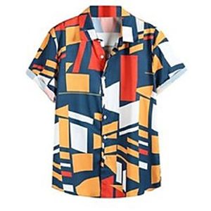 men's casual shirts 2021 summer young fashion contrast color geometric print stand collar short sleeve loose shirt Lightinthebox