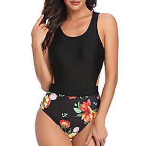 Women's One Piece Swimsuit Spandex Swimwear Bodysuit Quick Dry Breathable Sleeveless Back Zip - Swimming Surfing Water Sports Floral  Botanical Summer Lightinthebox