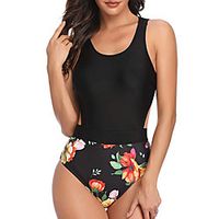 Women's One Piece Swimsuit Spandex Swimwear Bodysuit Quick Dry Breathable Sleeveless Back Zip - Swimming Surfing Water Sports Floral  Botanical Summer Lightinthebox - thumbnail