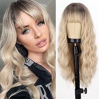 Long Blonde Wig with Bangs Ombre Curly Blonde Wavy Wig for Women Natural Looking Synthetic Heat Resistant Fiber Wig for Daily Party Use miniinthebox