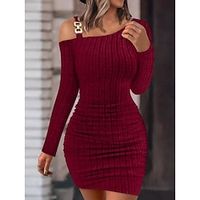 Women's Casual Dress Sheath Dress Plain Dress Midi Dress Cold Shoulder Outdoor Street Daily Active Fashion Off Shoulder Long Sleeve 2023 Slim Wine Gray Color S M L XL XXL Size Lightinthebox - thumbnail