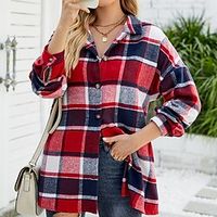 Women's Shirt Blouse Plaid Red Fuchsia Green Print Button Long Sleeve Casual Fashion Shirt Collar Regular Fit Fall  Winter Lightinthebox - thumbnail