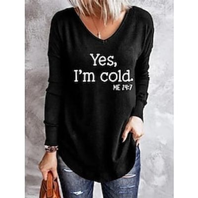 Women's T shirt Tee Black Red Blue Letter Print Long Sleeve Daily Weekend Fashion V Neck Regular Fit Painting Spring   Fall Lightinthebox