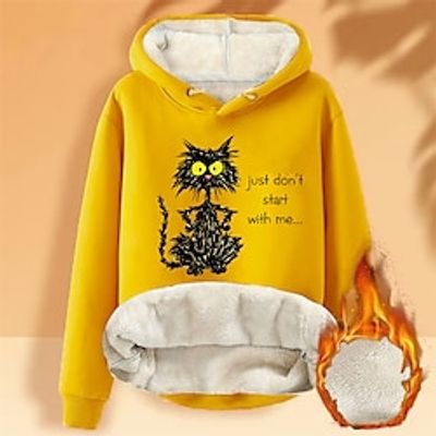 Women's Hoodie Sweatshirt Pullover Fleece Fuzzy Teddy Drawstring Print Black White Yellow Cat Letter Casual Sports Hoodie Long Sleeve Top Micro-elastic Fall  Winter Lightinthebox