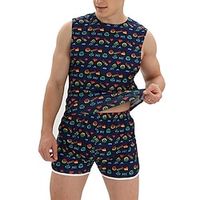 Men's Loungewear Pajama Set Pajama Top and Shorts 1 set Cartoon Stylish Casual Comfort Home Daily Bed Polyester Comfort Soft Crew Neck Sleeveless T shirt Tee Shorts Spring Summer Black Royal Blue Lightinthebox - thumbnail