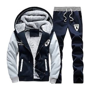 Men's Tracksuit Sweatsuit 2 Piece Full Zip Athletic Winter Long Sleeve Fleece Thermal Warm Windproof Breathable Fitness Running Jogging Sportswear Activewear Color Block Light Grey Dark Blue Red Blue Lightinthebox