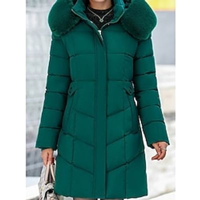 Women's Parka Long Puffer Jacket Winter Coat Zip up Coat with Fur Collar Thermal Warm Heated Coat Fall Outerwear with Pockets Classic Long Sleeve Elegant Lady Jacket Black Red Green Lightinthebox