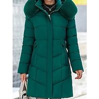 Women's Parka Long Puffer Jacket Winter Coat Zip up Coat with Fur Collar Thermal Warm Heated Coat Fall Outerwear with Pockets Classic Long Sleeve Elegant Lady Jacket Black Red Green Lightinthebox - thumbnail