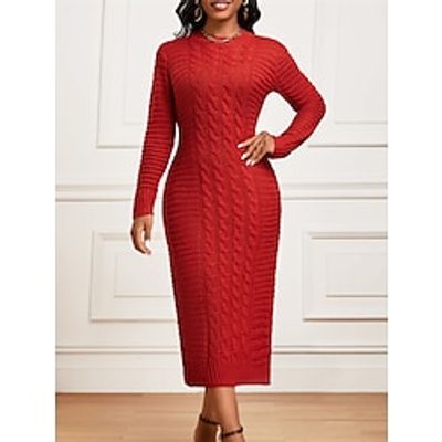 Women's Sweater Dress Crew Neck Ribbed Knit Polyester Knitted Fall Winter Long Outdoor Daily Going out Stylish Casual Soft Long Sleeve Pure Color Black Yellow Wine S M L Lightinthebox