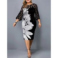 Women's Plus Size Party Dress Cocktail Dress Wedding Guest Dress Midi Dress White Fuchsia 34 Length Sleeve Floral Lace Spring Fall Winter Crew Neck Fashion Wedding Guest Vacation Fall Dress 2023 L Lightinthebox - thumbnail