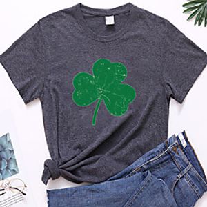 Women's Floral Theme Lucky Painting T shirt Leaf Print Round Neck Basic Tops Green Wine Army Green miniinthebox