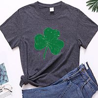 Women's Floral Theme Lucky Painting T shirt Leaf Print Round Neck Basic Tops Green Wine Army Green miniinthebox - thumbnail