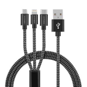 HYPHEN 3 in 1 Lightning+Type C+Micro-USB Cable 1M | 1M, Multi-Device Charging, Braided Nylon