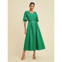 Cotton Metal Belt Puff Sleeve Midi Dress