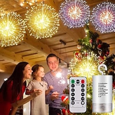 86421 Pcs Hanging Decorative Lights, 120 Led Firework Lights Battery Powered, Tent Chandelier Remote Control, 8 Modes Waterproof Starburst Lights for Gardens Courtyards Porches Christmas Party Dec Lightinthebox