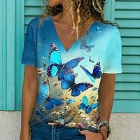 Women's T shirt Tee Blue Purple Green Butterfly Print Short Sleeve Daily Weekend Basic V Neck Regular Butterfly Painting S Lightinthebox - thumbnail