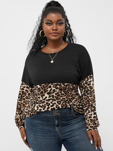 YOINS Plus Size Patchwork Leopard Long Sleeves Tee