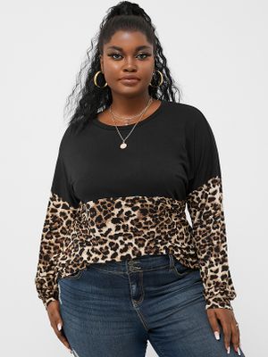 YOINS Plus Size Patchwork Leopard Long Sleeves Tee