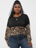 YOINS Plus Size Patchwork Leopard Long Sleeves Tee - thumbnail