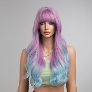 Long Wave Artificial Hair Wig With Bangs Purple Ombre Blue High Density Synthetic Hair Wigs For Women Daily Party Lightinthebox