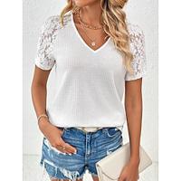 Women's Tunic Plain Daily Vacation Lace Black Short Sleeve Fashion V Neck Summer Lightinthebox