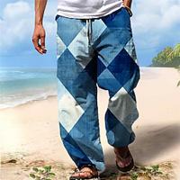 Men's Hawaiian Plaid Pants Vacation 3D Print Side Pockets Elastic Drawstring Design Pants Trousers Straight-Leg Trousers Outdoor Hawaiian Holiday Polyester Blue Green S M L Medium Waist Lightinthebox