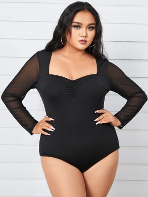YOINS Plus Size Square Neck Patchwork Mesh Long Sleeves Bodysuit YOINS Plus Size Square Neck Patchwork Mesh Long Sleeves Bodysuit