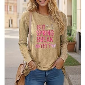 Women's T shirt Tee Letter Casual Weekend Black Pink Blue Print Long Sleeve Fashion Round Neck Regular Fit Spring   Fall Lightinthebox