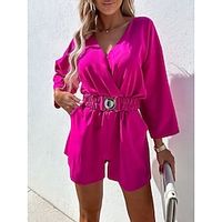 Women's Romper Pocket High Waist Solid Color V Neck Basic Office Work Regular Fit 34 Length Sleeve Black Fuchsia S M L Summer Lightinthebox - thumbnail