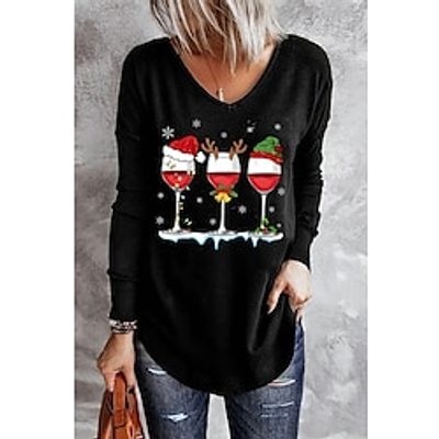 Christmas Shirt Women's T shirt Tee Wine Glass Black Print Long Sleeve Christmas Weekend Festival  Holiday V Neck Regular Fit Spring   Fall Lightinthebox