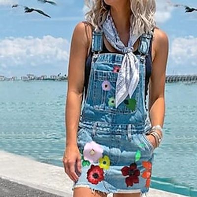 Women's Shift Dress Denim Dress Slip Dress Mini Dress Light Blue Sleeveless Floral Pocket Spring Summer Square Neck 2022 S M L XL XXL Lightinthebox