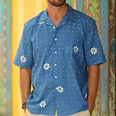 Men's Shirt Button Up Shirt Summer Shirt Casual Shirt Beach Shirt Blue Short Sleeves Graphic Prints Flower  Plants Lapel Street Vacation Print Clothing Apparel Fashion Leisure Hawaiian Lightinthebox