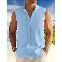 Men's Shirt Button Up Shirt Casual Shirt Summer Shirt Beach Shirt Black White Blue Sleeveless Plain Collar Daily Vacation Clothing Apparel Fashion Casual Comfortable Lightinthebox