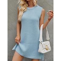 Women's Sweater Dress Crew Neck Ribbed Knit Acrylic Knitted Fall Winter Long Outdoor Daily Holiday Fashion Casual Soft Sleeveless Solid Color Black Pink Blue S M L Lightinthebox - thumbnail