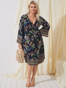 YOINS Plus Size Deep V Neck Tribal Wrap Design Long Sleeves Midi Dress