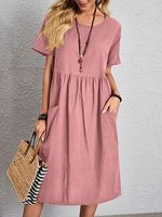 Round Neck Loose Casual Solid Color Vacation Short Sleeve Midi Dress