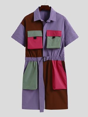 INCERUN Men Hip Hop Style Color Block Splicing Short Sleeve Cargo Jumpsuit INCERUN Men Hip Hop Style Color Block Splicing Short Sleeve Cargo Jumpsuit