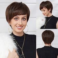 Human Hair Blend Wig Short Natural Straight Pixie Cut Side Part Layered Haircut Asymmetrical Brown Cosplay Curler straightener Natural Hairline Capless Brazilian Hair Women's All Brown 8 inch Party Lightinthebox