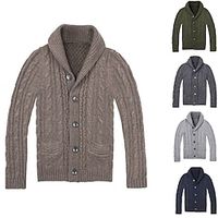 Men's Cardigan Sweater Cropped Sweater Ribbed Cable Knit Regular Knitted Button Up Plain Shawl Collar Warm Ups Modern Contemporary Casual Daily Wear Clothing Apparel Fall Winter Dark Navy Brown S M L miniinthebox - thumbnail