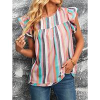 Women's T shirt Tee Striped Daily Weekend Ruffle Print Rainbow Short Sleeve Fashion Round Neck Summer Lightinthebox