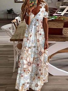 Casual Floral Print Panel V-Neck Short Sleeve Maxi Dress