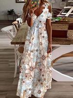 Casual Floral Print Panel V-Neck Short Sleeve Maxi Dress