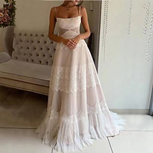 A-Line Wedding Dresses Bateau Neck Spaghetti Strap Sweep / Brush Train Lace Sleeveless Romantic with Pleats Appliques 2021 miniinthebox
