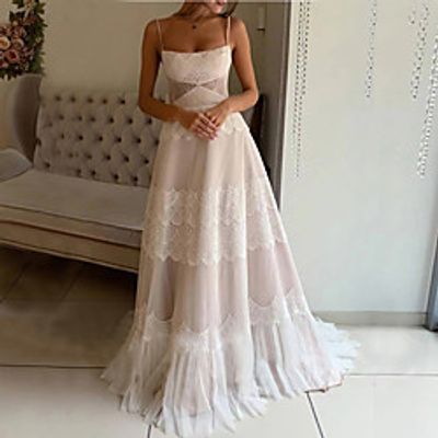 A-Line Wedding Dresses Bateau Neck Spaghetti Strap Sweep / Brush Train Lace Sleeveless Romantic with Pleats Appliques 2021 miniinthebox