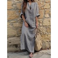 Women's Casual Dress Cotton Linen Dress Maxi long Dress Linen Cotton Blend Modern Style Daily Weekend Split Neck Pocket Print Long Sleeve Summer Spring 2023 Loose Fit Red Green Gray Striped S M L XL Lightinthebox