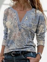 Casual Ethnic Print V-Neck Long Sleeve T-Shirt