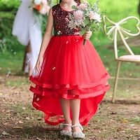 Wedding Christmas Ball Gown Flower Girl Dresses Jewel Neck Asymmetrical Polyester Tulle Spring Summer with Tier Bandage Cute Girls' Party Dress Fit 3-16 Years Lightinthebox - thumbnail