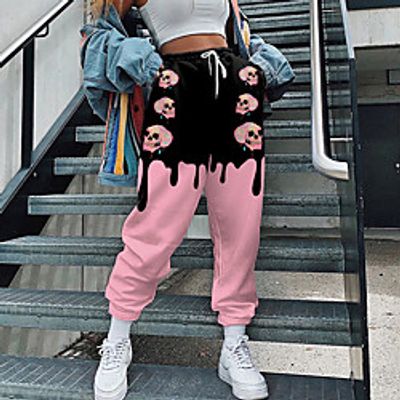 Women's Streetwear Sweatpants Comfort Halloween Weekend Jogger Pants Color Block Skull Full Length Elastic Drawstring Design Print Blue Purple Blushing Pink Orange Red miniinthebox