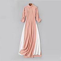 Women's A Line Dress Maxi long Dress Pink Navy Blue Long Sleeve Color Block Patchwork Summer Mandarin Collar Elegant Traditional Chinoiserie 2021 S M L XL miniinthebox - thumbnail