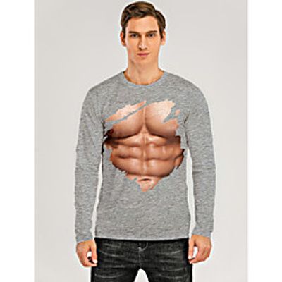 Men's T shirt 3D Print Graphic 3D Muscle Print Long Sleeve Daily Tops Gray miniinthebox
